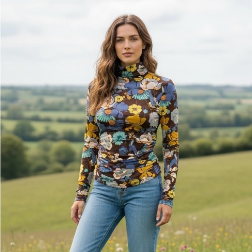 Zara Retro Long Sleeve Floral Mock Neck Top